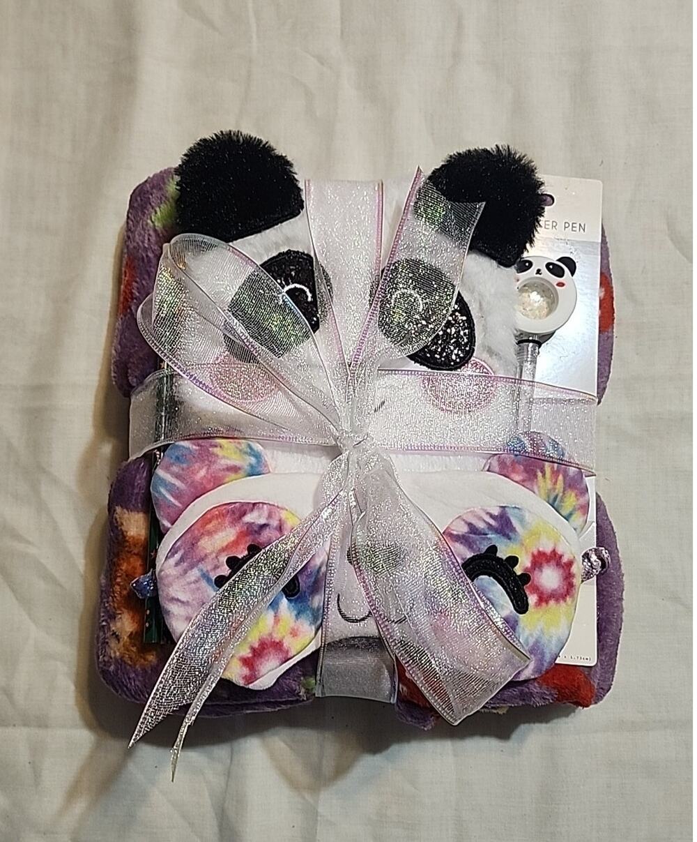Forrest Purple Blanket Cozy Gift Set Panda Notebook Pencils Shaker Pen Eye Mask